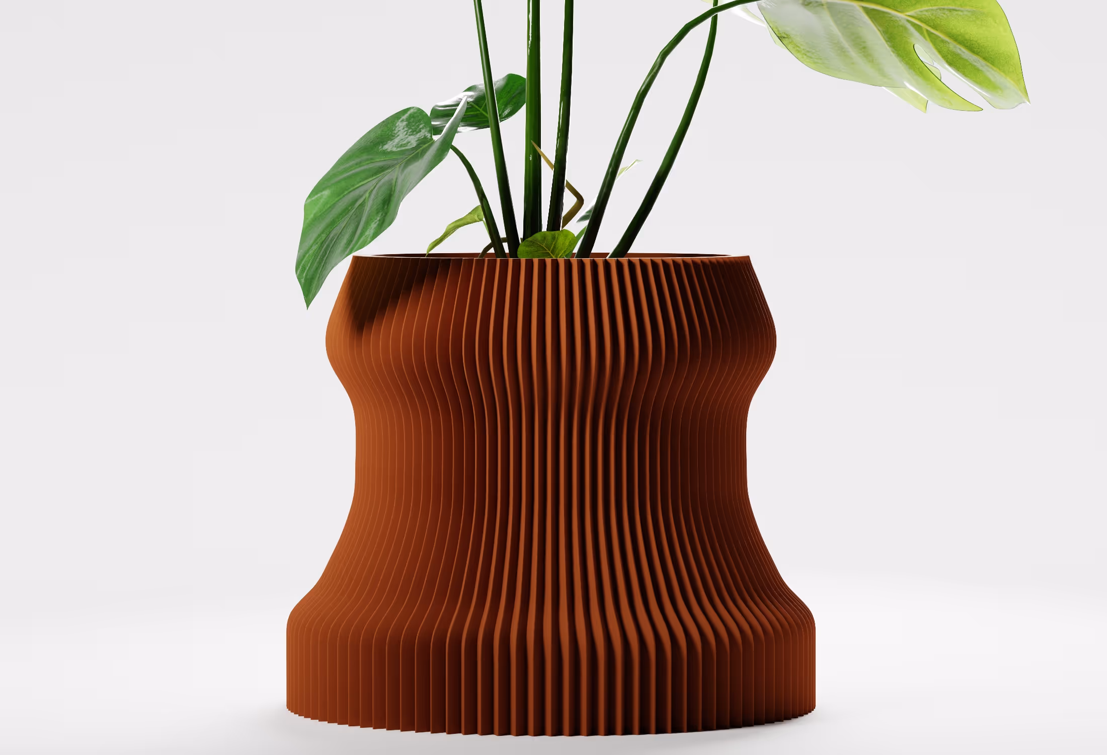 Plant with green leaves in a uniquely textured, ribbed terracotta-colored vase on white background.