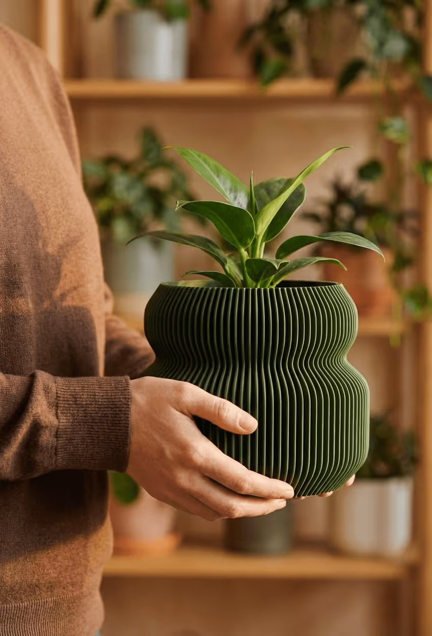 Person wearing brown sweater holding green ribbed planter with leafy green plant indoors.