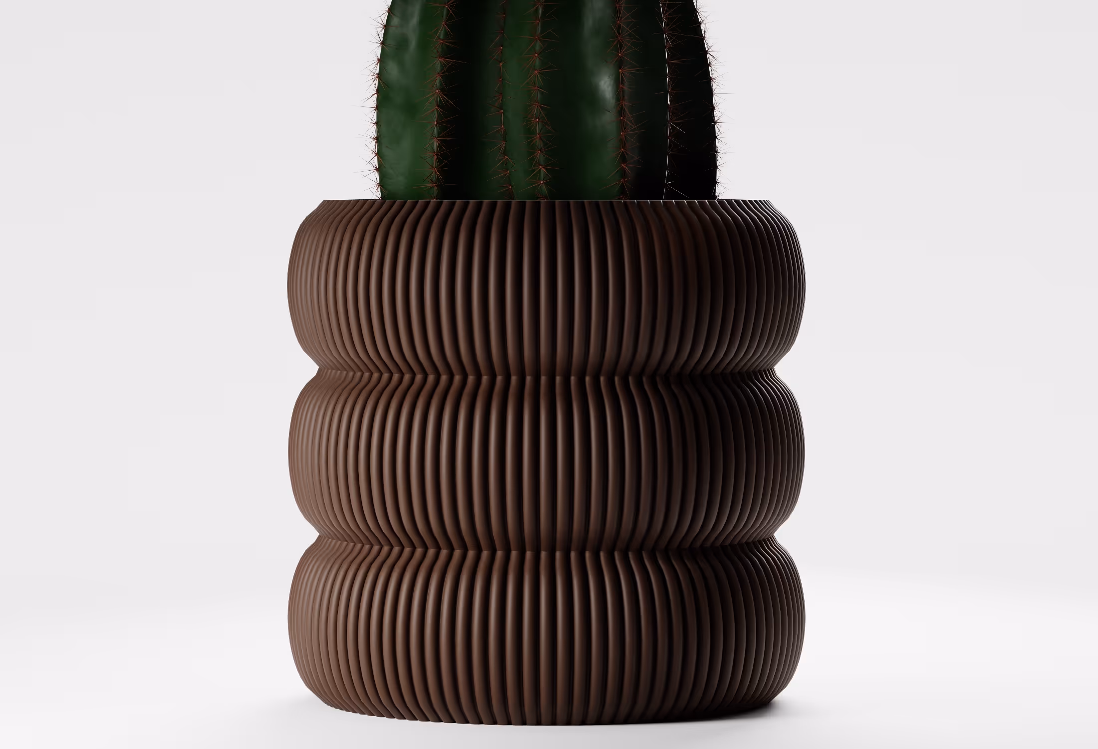 Close-up of a green cactus in a brown ribbed, cylindrical planter against a plain white background.