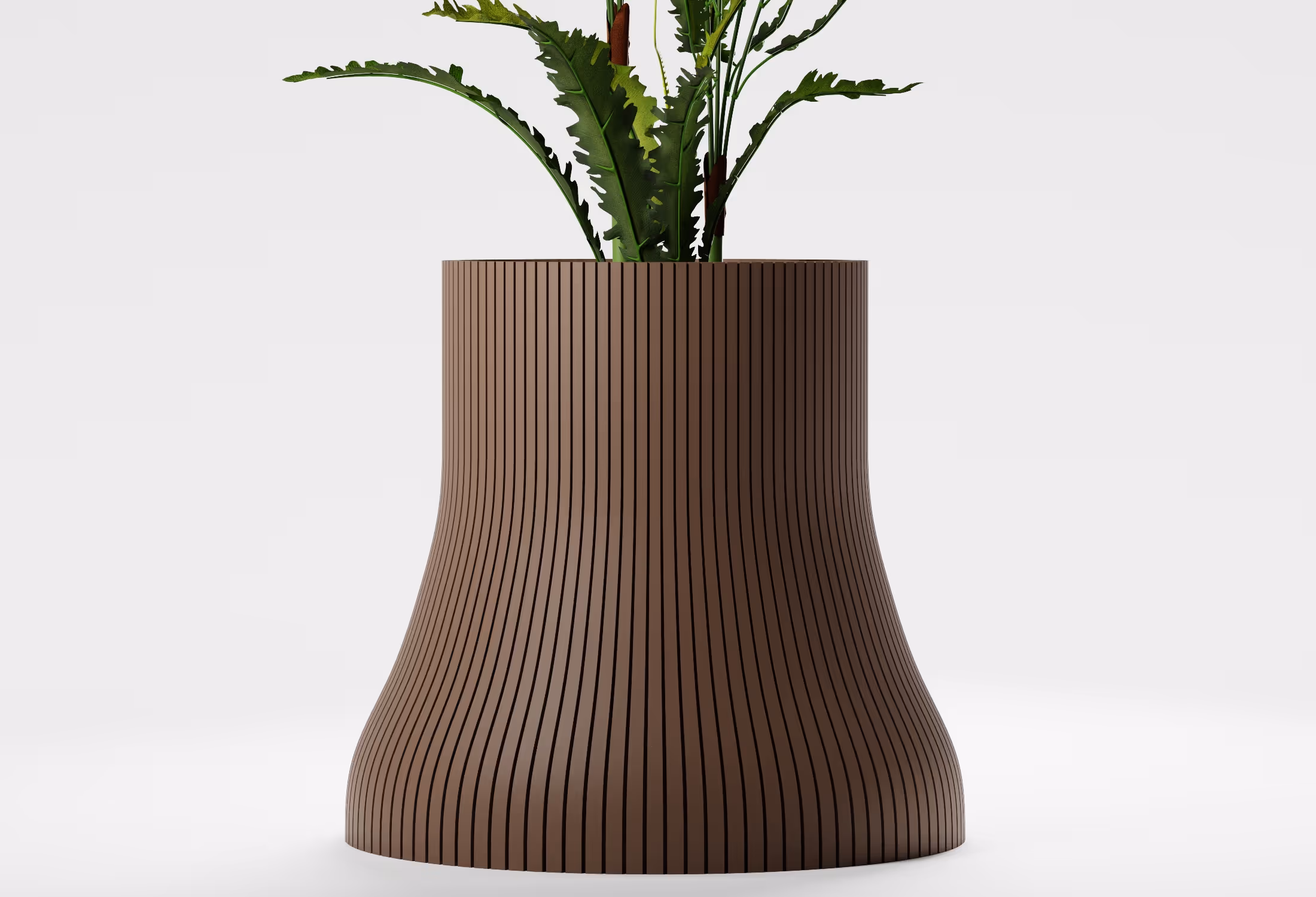 Modern brown planter with vertical grooves holding a leafy green plant on a white background.