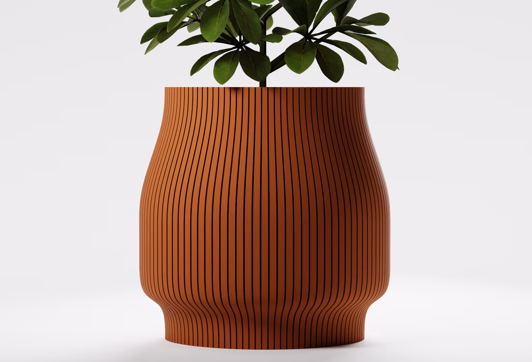 Terracotta planter with vertical black stripes holding a green leafy plant on a white background.