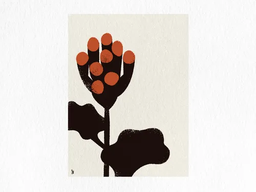 Abstract dark brown plant with rounded orange buds on a cream background.